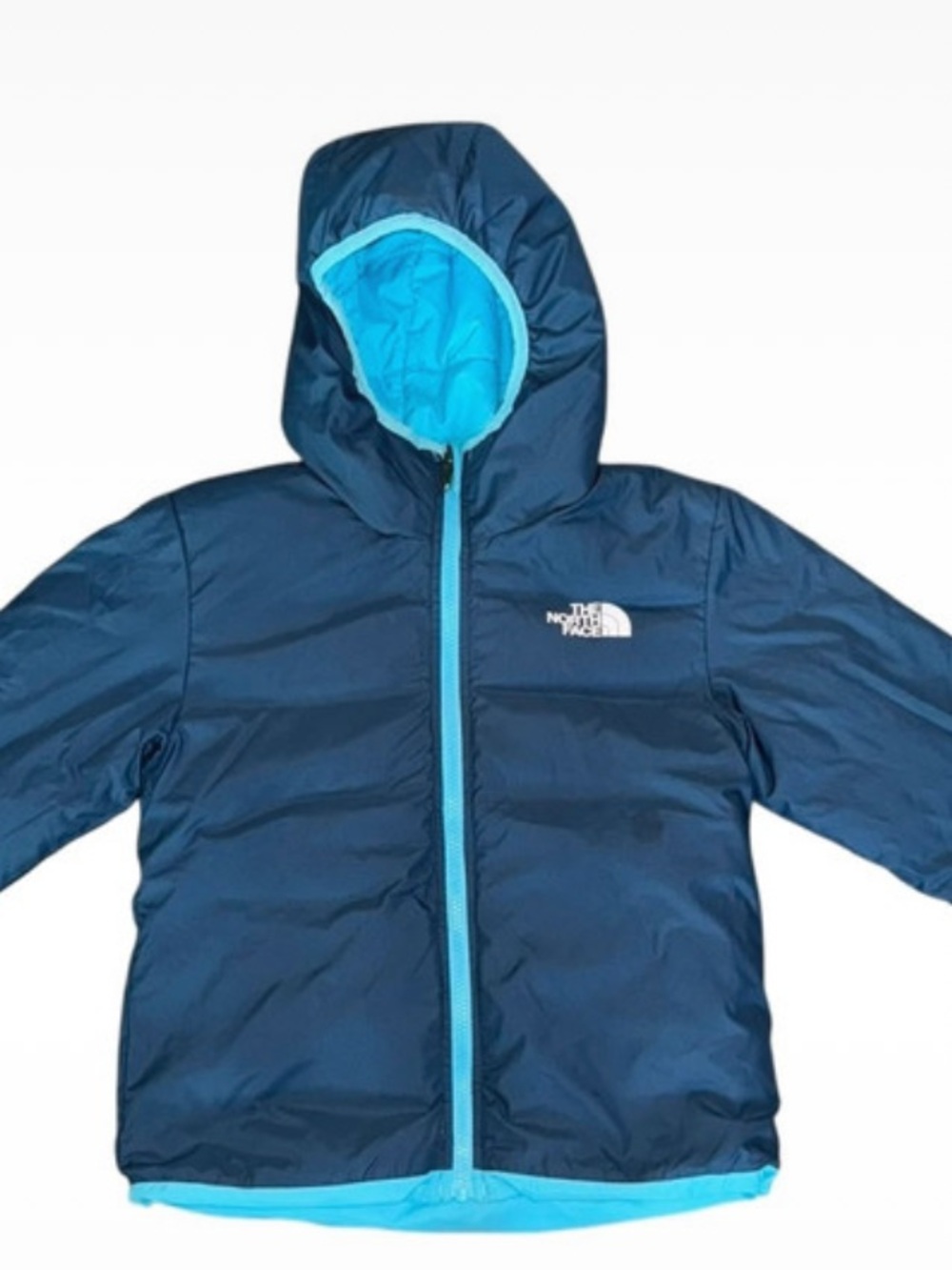 The North Face Dark Blue Hooded Puffer Jacket with Light Blue Accents